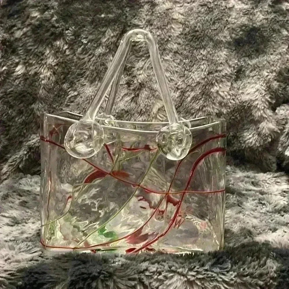 Romantic Red and Green on Clear Swirl  Art Glass Vase Handbag Purse - Picture 2 of 13